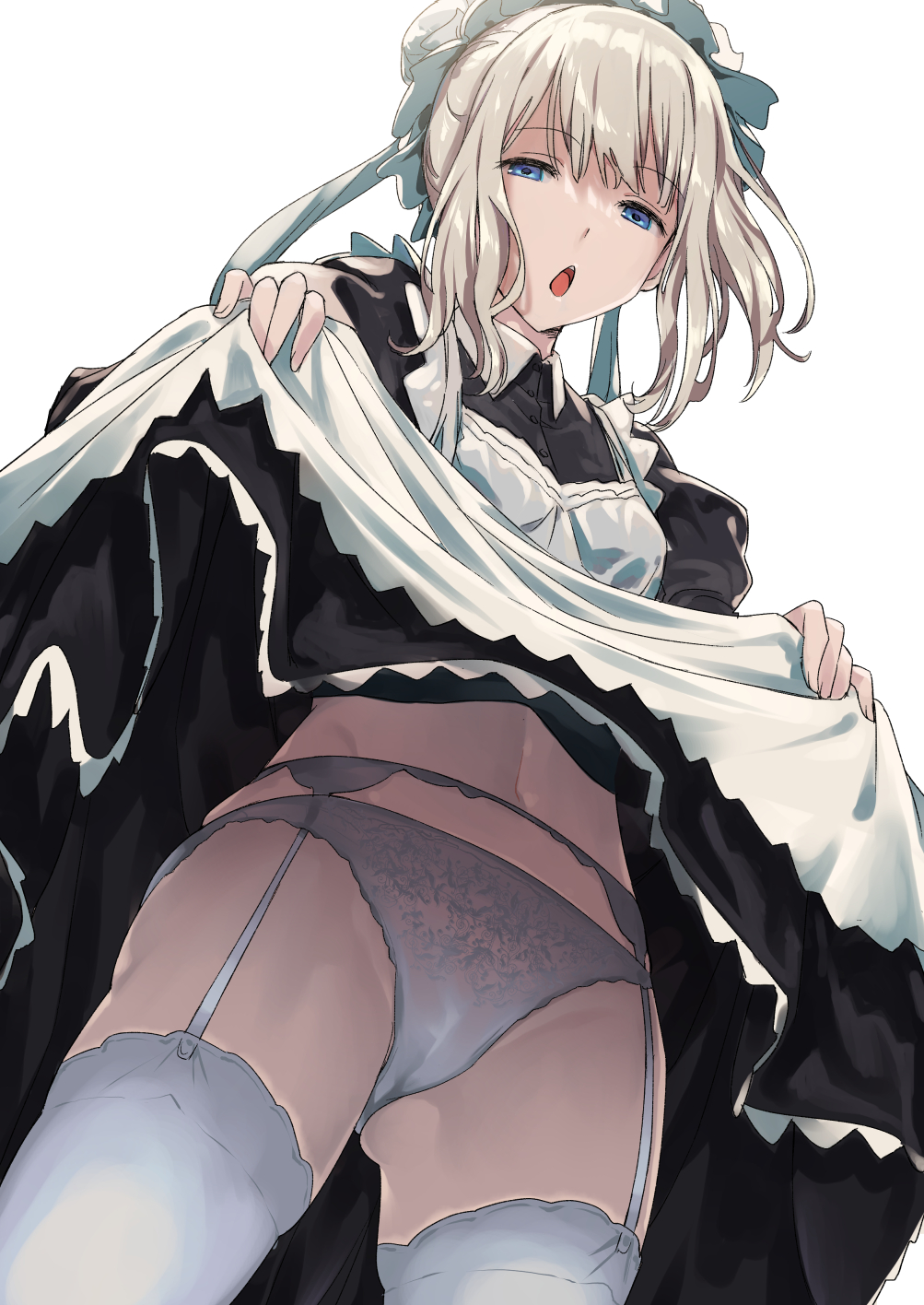 apron aqua_eyes embroidered_panties from_below garter_straps highres idolmaster idolmaster_shiny_colors inu_(aerodog) long_sleeves maid maid_apron maid_headdress midriff navel panties serizawa_asahi silver_hair skirt skirt_lift thigh-highs tied_hair underwear white_legwear white_panties