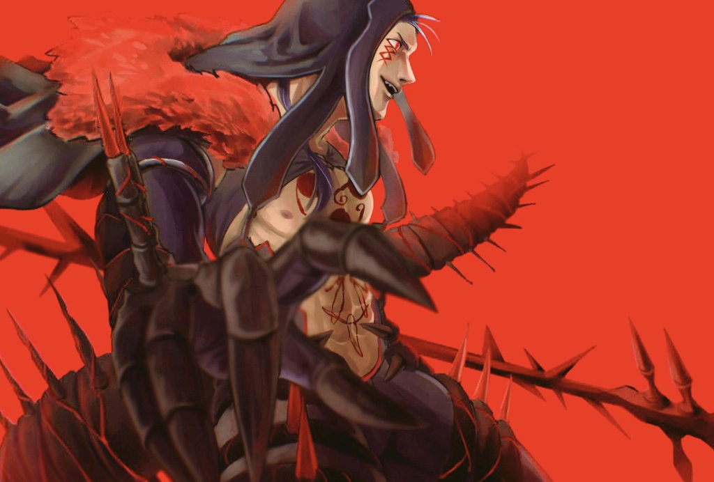 1boy black_gloves black_pants blue_hair blurry bodypaint cape claws cu_chulainn_(fate)_(all) cu_chulainn_alter_(fate/grand_order) dark_blue_hair dark_persona depth_of_field elbow_gloves facepaint fang fate/grand_order fate_(series) fur-trimmed_cape fur_trim gae_bolg_(fate) gloves grin hood hood_up long_hair male_focus monster_boy muscular muscular_male nipples open_mouth pants pectorals ponytail red_background red_eyes shirtless simple_background skin_tight smile solo spikes tail zumio