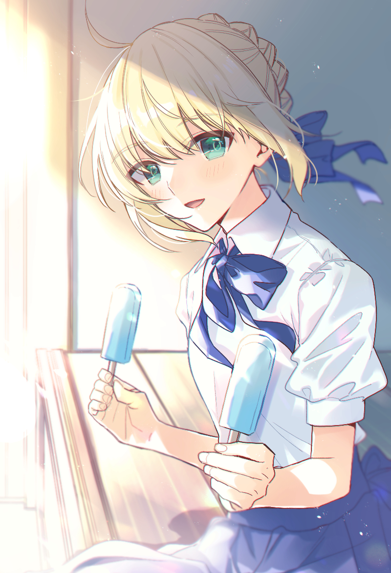 0wsaa0 1girl :d ahoge artoria_pendragon_(all) bangs blonde_hair blue_ribbon blue_skirt blush braid collared_shirt eyebrows_visible_through_hair fate/stay_night fate_(series) food green_eyes hair_between_eyes hair_ribbon holding holding_food looking_at_viewer neck_ribbon open_mouth pleated_skirt popsicle pov ribbon saber shirt short_hair short_sleeves sitting skirt smile solo white_shirt wing_collar