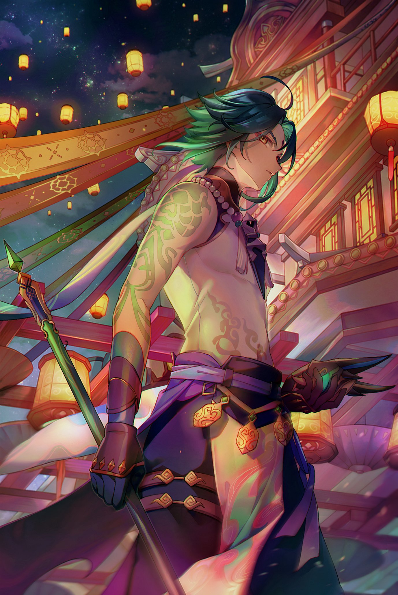 1boy ahoge architecture arm_guards arm_tattoo armor bangs banner bare_shoulders bead_necklace beads black_gloves black_hair building clouds cloudy_sky diamond-shaped_pupils diamond_(shape) east_asian_architecture eyeshadow facial_mark fangs forehead_mark from_side genshin_impact gloves green_gloves green_hair highres holding holding_mask holding_spear holding_weapon jewelry kfr2_2 lantern long_hair makeup male_focus mask multicolored_hair necklace night night_sky open_mouth outdoors parted_bangs pendant polearm red_eyeshadow short_hair sidelocks sky sleeveless slit_pupils solo spear star_(sky) symbol-shaped_pupils tassel tattoo two-tone_hair umbrella weapon xiao_(genshin_impact) yellow_eyes