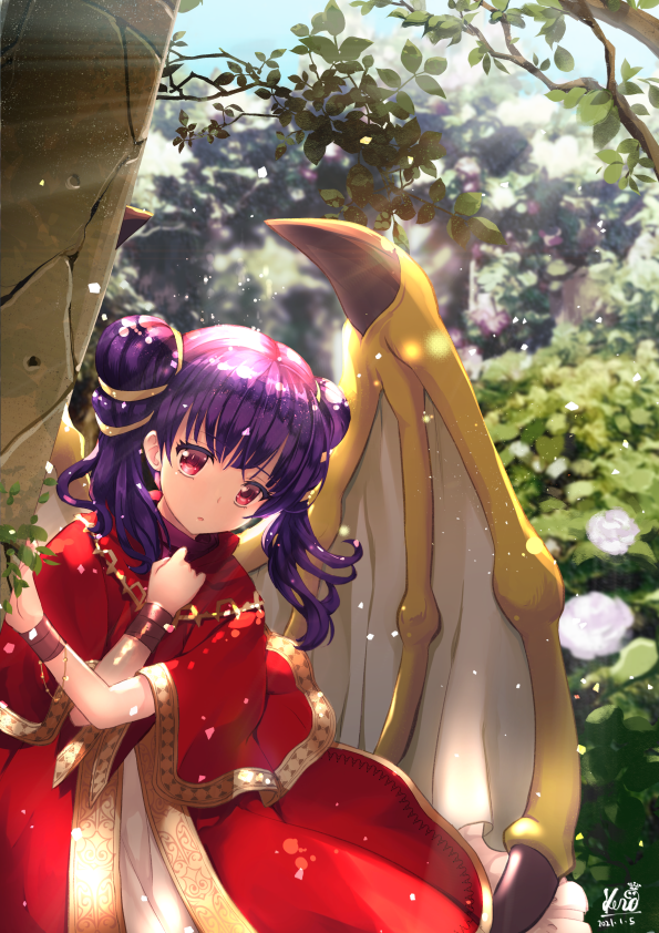 1girl artist_name backlighting column day dragon_wings dress fire_emblem fire_emblem:_the_sacred_stones fire_emblem_heroes flower forest kero_sweet light_particles light_rays looking_at_viewer myrrh_(fire_emblem) nature pillar purple_hair red_dress rose shawl sunbeam sunlight tree tree_branch twintails white_dress wings wristlet