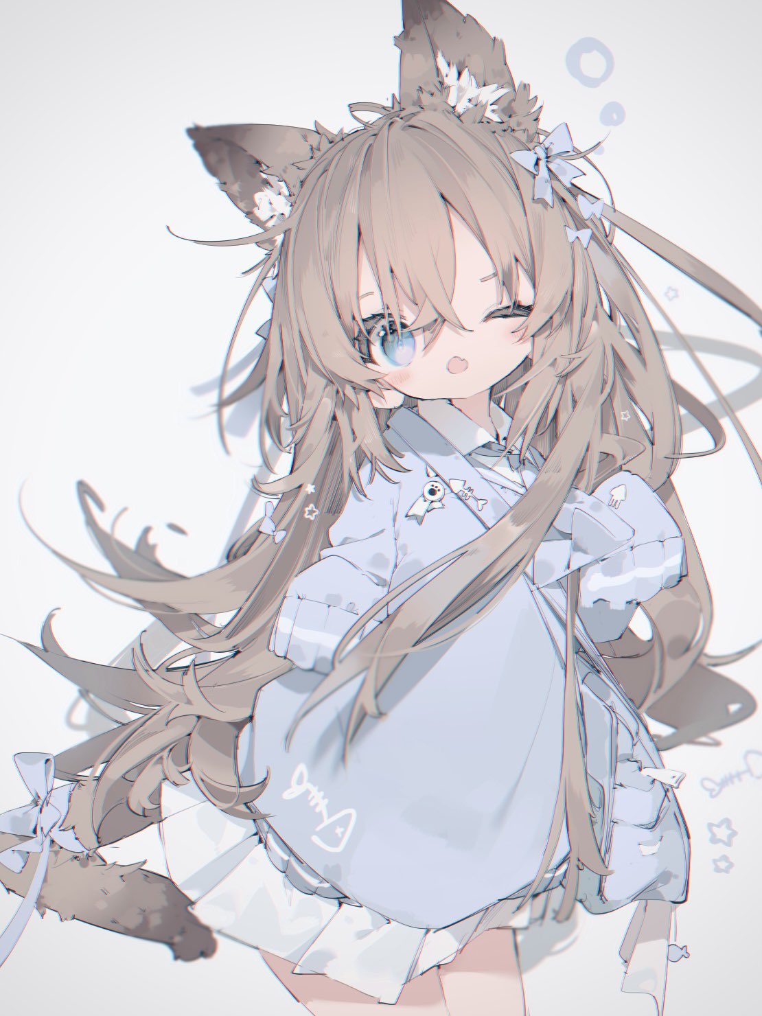 1girl ;o animal_ear_fluff animal_ears bangs blue_bow blue_eyes blue_jacket blush bow brown_hair cat_ears cat_tail dress fang fish_bone flower hair_between_eyes hair_bow hair_ornament highres jacket long_hair long_sleeves looking_at_viewer nanmokaken one_eye_closed open_mouth original pleated_skirt ribbon skirt sleeves_past_fingers sleeves_past_wrists solo striped tail tail_bow tail_ornament very_long_hair