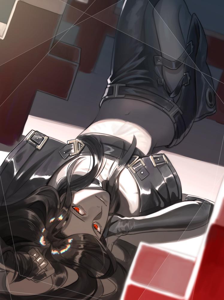 1boy bare_shoulders black_hair choker fingerless_gloves gloves guilty_gear guilty_gear_xx kyo_niku long_hair looking_at_viewer midriff pale_skin red_eyes testament_(guilty_gear) thigh_strap