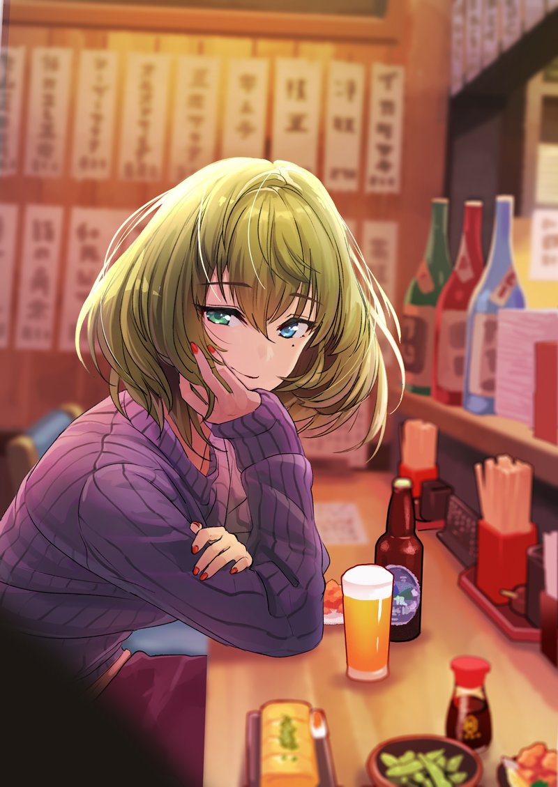 1girl alcohol bangs beer blue_eyes blurry blurry_background blurry_foreground blush bottle brown_hair can closed_mouth comiket_93 cup depth_of_field elbow_rest eyebrows_visible_through_hair food green_eyes hair_between_eyes heterochromia idolmaster idolmaster_cinderella_girls izakaya kagawa_ichigo looking_at_viewer mole mole_under_eye nail_polish red_nails ribbed_sweater short_hair sleeves_past_wrists smile solo sweater takagaki_kaede