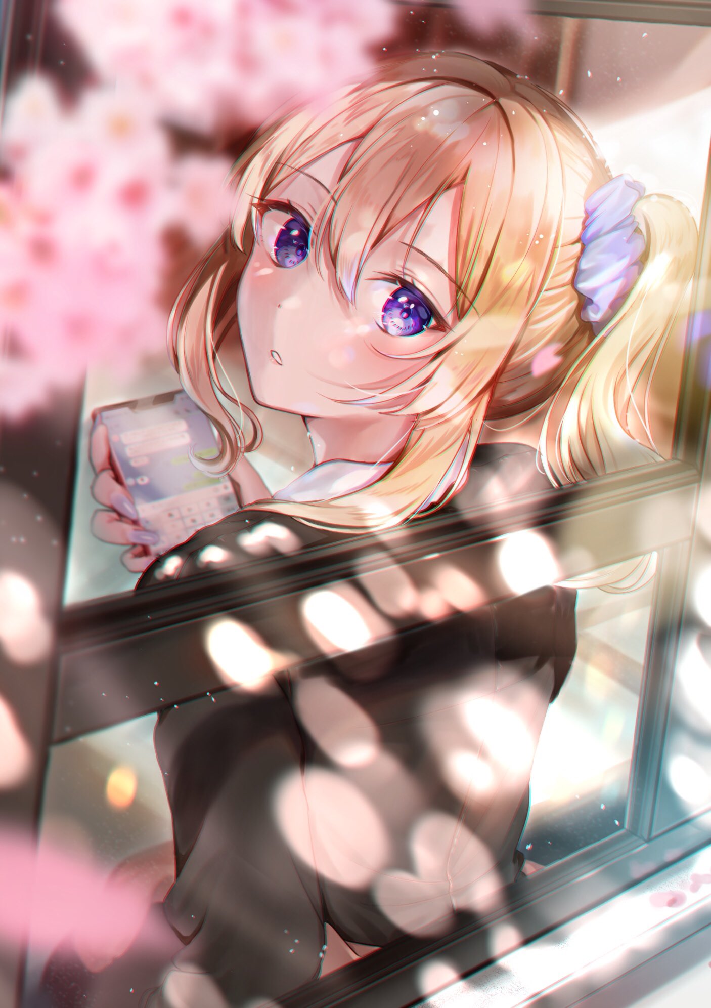 1girl bangs black_jacket blonde_hair blue_eyes blue_nails blue_scrunchie blurry blurry_foreground blush cherry_blossoms crossed_legs dappled_sunlight depth_of_field eyebrows_visible_through_hair from_behind hair_between_eyes hair_ornament hair_scrunchie hayasaka_ai highres holding holding_phone jacket kaguya-sama_wa_kokurasetai_~tensai-tachi_no_renai_zunousen~ long_sleeves looking_at_viewer looking_back nail_polish parted_lips phone sakura_(39ra) school_uniform scrunchie short_hair side_ponytail sidelocks sitting solo sunlight