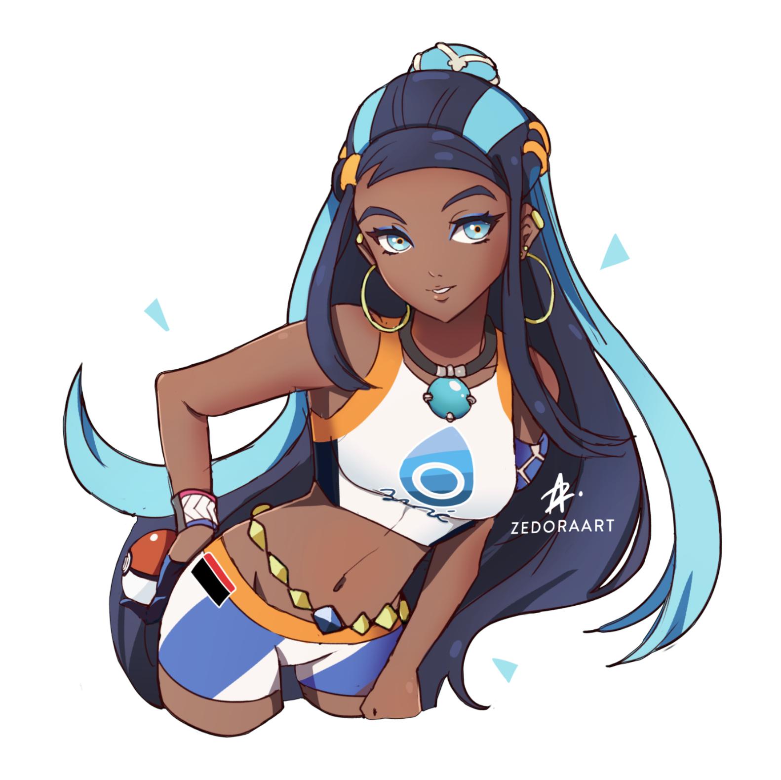 1girl armlet belly_chain bikini bikini_shorts black_hair blue_eyes blue_hair collarbone dark_skin dark-skinned_female floating_hair groin hand_on_hip highres holding holding_poke_ball jewelry long_hair looking_at_viewer multicolored_hair navel nessa_(pokemon) poke_ball pokemon pokemon_(game) pokemon_swsh shiny shiny_hair shorts solo sports_bikini standing swimsuit two-tone_hair very_long_hair white_background white_bikini zedoraart