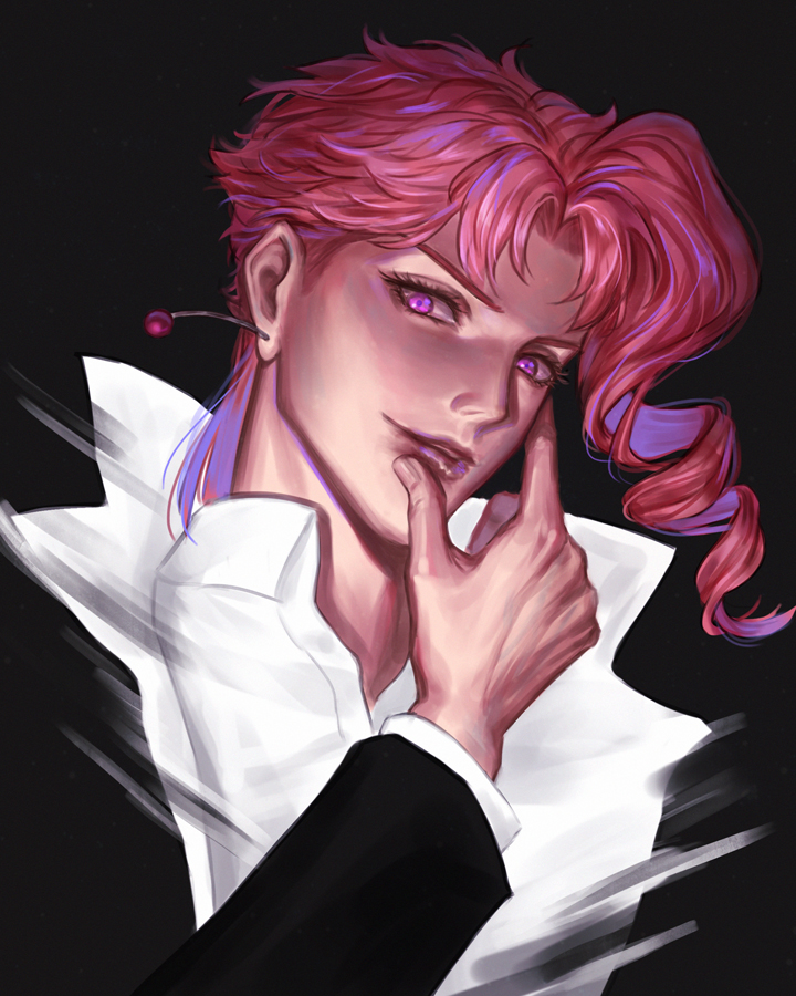 1boy alternate_costume asymmetrical_hair black_background collared_shirt commentary_request earrings hand_on_own_face jewelry jojo_no_kimyou_na_bouken kakyouin_noriaki kankito lips long_sleeves male_focus medium_hair portrait redhead ringlets shirt smudge solo stardust_crusaders violet_eyes white_shirt