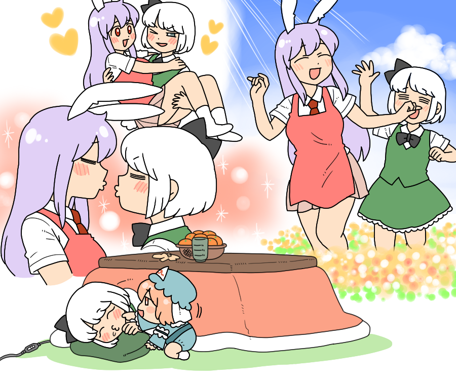 &gt;_o =_= animal_ears apron arms_up baby black_neckwear blue_headwear blue_sky bow bowtie carrying cheek_poking clouds cup dreaming eye_contact field flower flower_field food fruit green_skirt green_vest hat heart imminent_kiss konpaku_youmu kotatsu koyama_shigeru looking_at_another mandarin_orange mob_cap one_eye_closed pink_hair poking princess_carry purple_hair rabbit_ears red_eyes reisen_udongein_inaba saigyouji_yuyuko short_hair skirt sky sleeping sparkle table touhou triangular_headpiece under_kotatsu under_table vest white_hair younger yunomi yuri