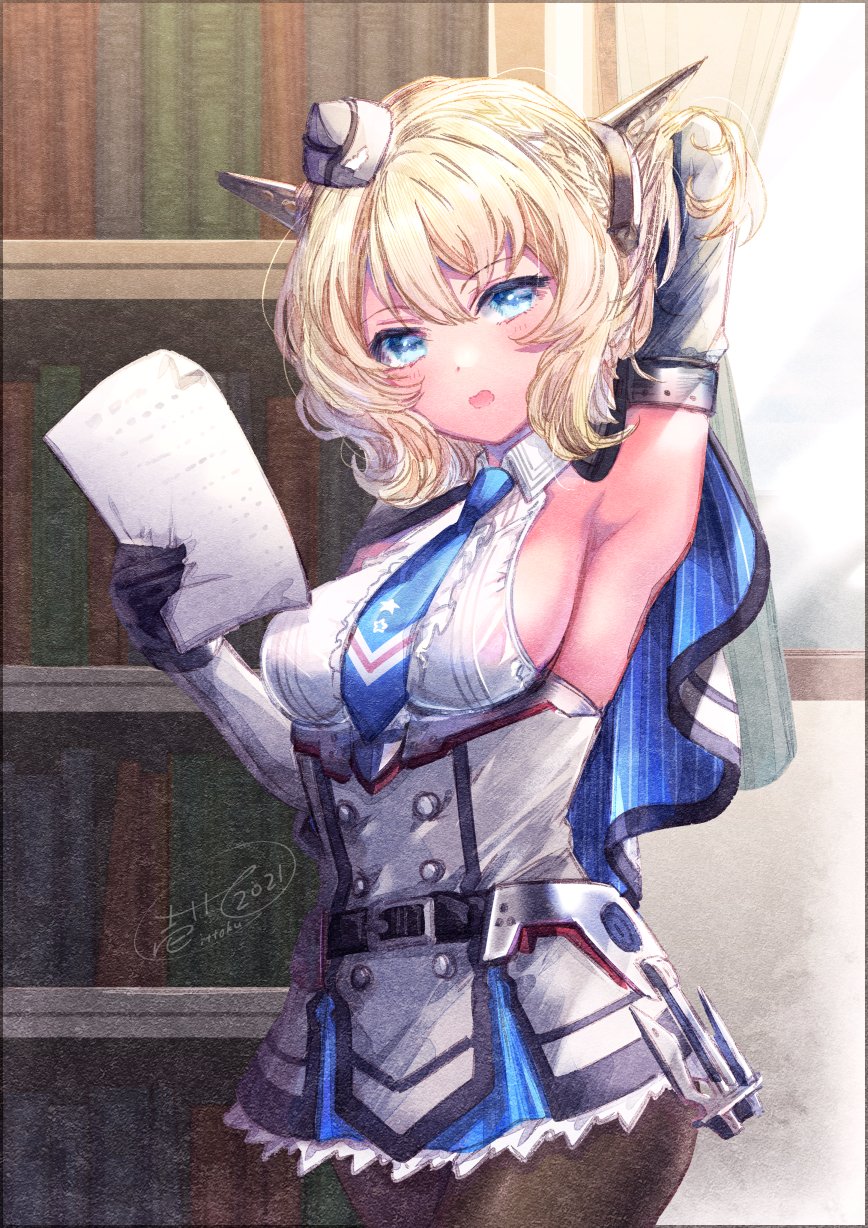 1girl arm_behind_head black_gloves black_legwear blonde_hair blue_eyes blue_neckwear bookshelf breasts capelet colorado_(kancolle) commentary_request cowboy_shot curtains dress elbow_gloves garrison_cap gloves grey_dress grey_headwear hat headgear highres ittokyu kantai_collection large_breasts looking_at_viewer necktie open_mouth pantyhose paper pleated_dress shirt short_hair side_braids sideboob sleeveless solo white_shirt window