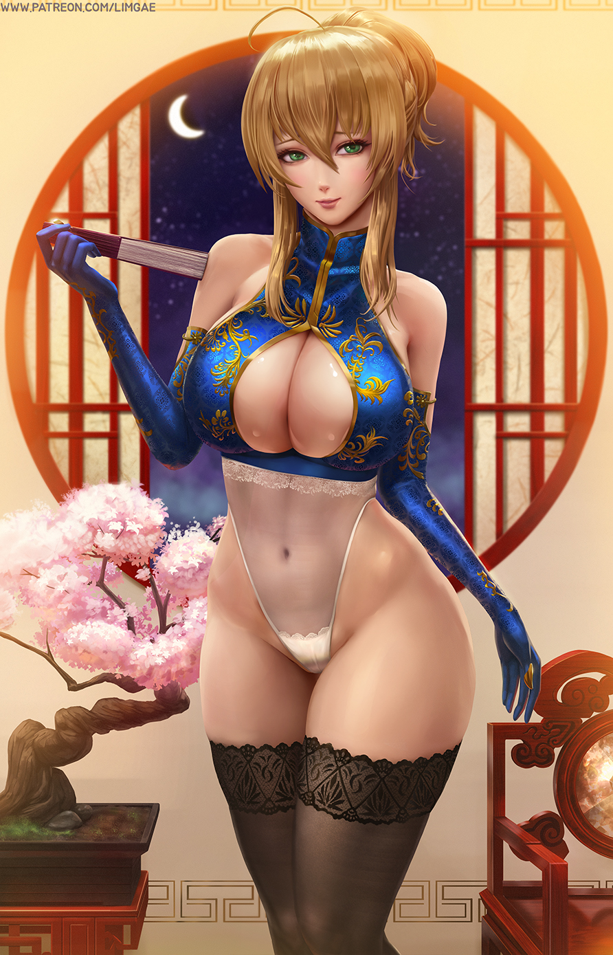 1girl ahoge artoria_pendragon_(all) black_legwear blonde_hair blue_gloves blurry blurry_background bonsai breasts china_dress chinese_clothes cleavage_cutout closed_fan clothing_cutout covered_navel crescent_moon dress elbow_gloves fan fate/grand_order fate_(series) folding_fan gloves green_eyes hair_between_eyes highleg highleg_leotard highres large_breasts leotard limgae moon saber see-through short_hair sleeveless smile solo thigh-highs watermark web_address