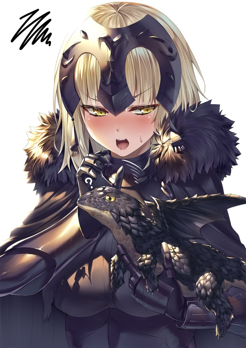 1girl armor armored_dress black_dress blonde_hair breasts dragon dress eyebrows_visible_through_hair fate/grand_order fate_(series) gauntlets headpiece heirou highres jeanne_d'arc_(alter)_(fate) jeanne_d'arc_(fate)_(all) open_mouth petting short_hair upper_body yellow_eyes