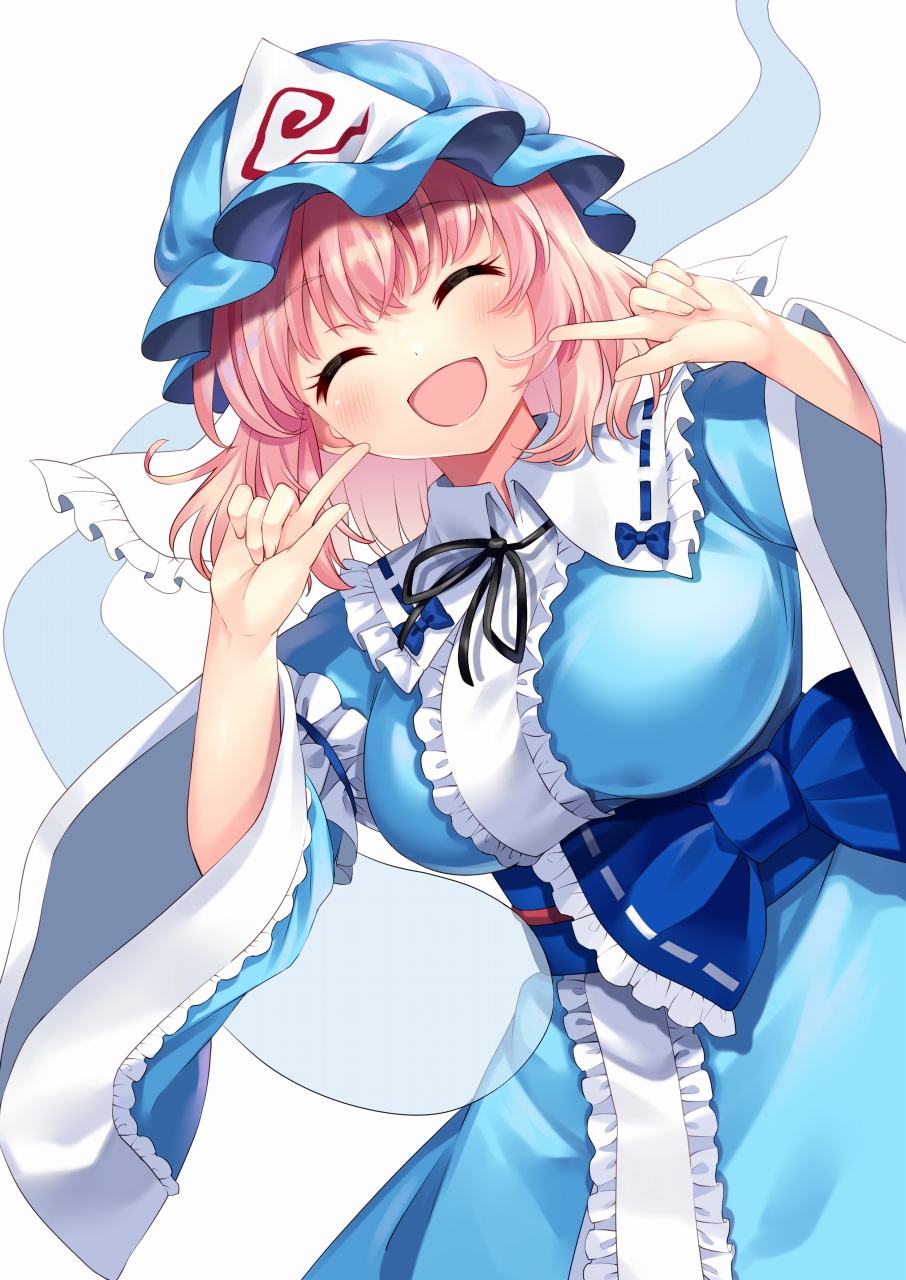 1girl ^_^ bangs black_neckwear blue_dress blue_headwear blush breasts closed_eyes commentary_request dress facing_viewer hands_up hat highres hitodama kapuchii large_breasts leaning_to_the_side long_sleeves medium_hair mob_cap neck_ribbon open_mouth pink_hair pointing pointing_at_self ribbon saigyouji_yuyuko simple_background smile solo touhou triangular_headpiece white_background wide_sleeves |d