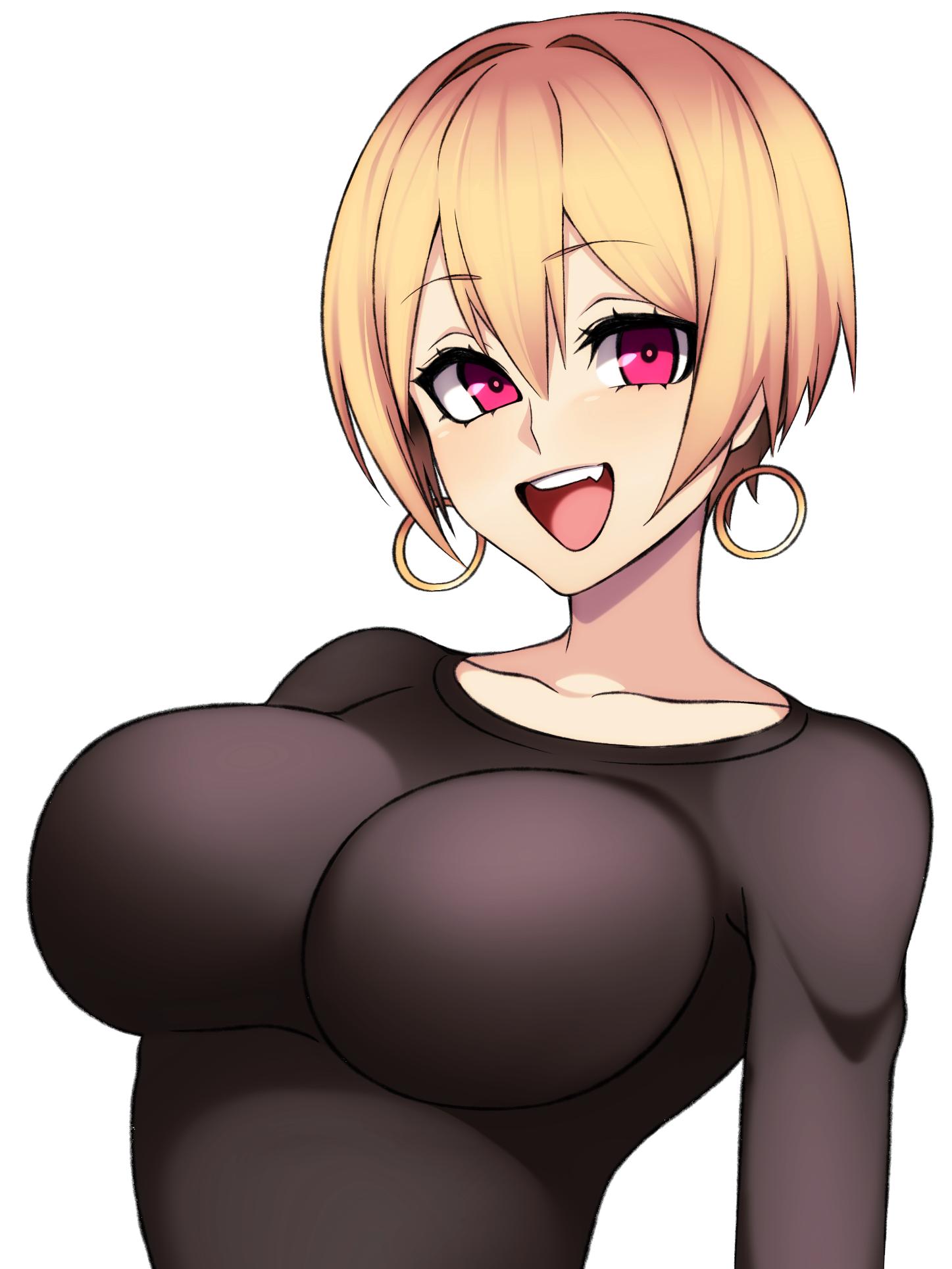 1girl black_shirt blonde_hair breasts camui_kamui earrings eyebrows eyebrows_visible_through_hair highres hoop_earrings jewelry large_breasts looking_at_viewer open_mouth original pink_eyes shirt short_hair simple_background smile triangle_mouth white_background