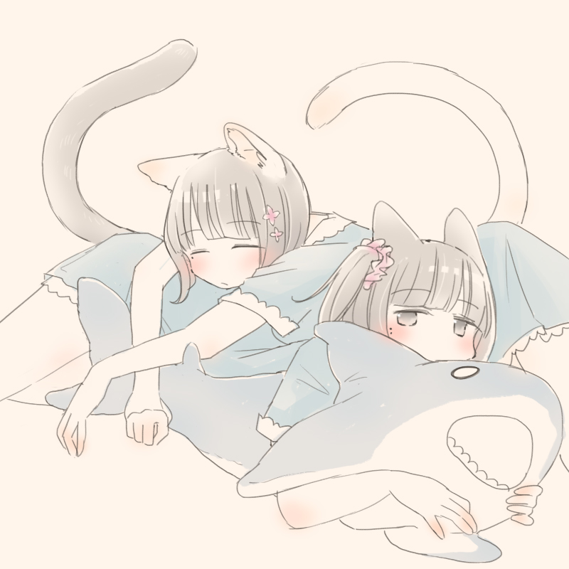 2girls animal_ears animal_pillow bangs blue_dress blunt_bangs blush cat_ears cat_tail closed_eyes dress eyebrows_visible_through_hair flower grey_hair hair_flower hair_ornament looking_at_viewer lying medium_hair multiple_girls nekoya_saki object_hug on_stomach original scrunchie side_ponytail simple_background tail