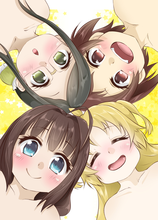 4girls ahoge bare_shoulders blonde_hair blue_eyes blush brown_eyes brown_hair charlotte_izoard closed_eyes collarbone eyebrows_visible_through_hair fangs from_below glasses green_eyes green_hair hair_intakes happy hinatsuru_ai kazuya_lolicon long_hair looking_at_viewer mizukoshi_mio multiple_girls nude open_mouth ryuuou_no_oshigoto! sadatou_ayano short_hair sidelocks smile surprised teeth tongue two_side_up