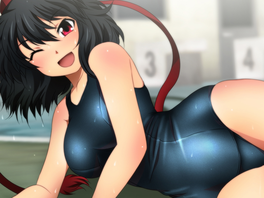 1girl ;d alternate_costume black_hair blue_swimsuit blurry blurry_background blush breasts commentary eyebrows_visible_through_hair hair_between_eyes hat looking_at_viewer lying medium_breasts on_side one-piece_swimsuit one_eye_closed open_mouth poolside red_eyes red_headwear school_swimsuit shameimaru_aya short_hair skin_tight smile solo swimsuit tokin_hat touhou wet wet_clothes wet_swimsuit yadokari_genpachirou