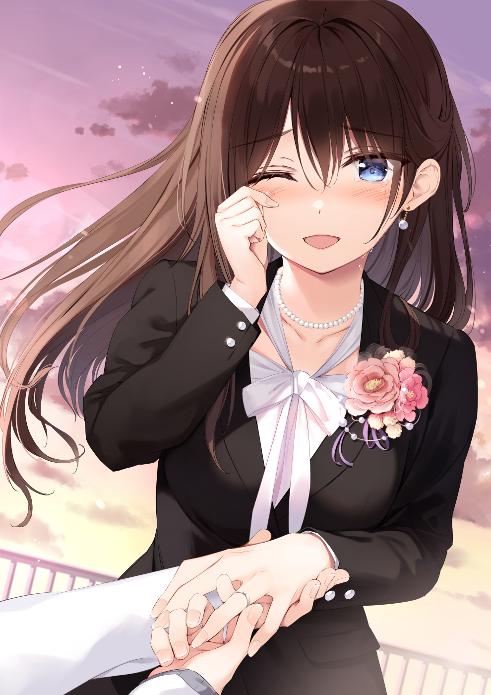 1girl ;d bead_necklace beads black_jacket blazer blue_eyes boku_no_kanojo_sensei brown_hair earrings flower fujiki_maka gradient_sky hand_up highres holding_hands jacket jewelry long_hair long_sleeves looking_at_viewer neck_ribbon necklace one_eye_closed open_mouth oryou outdoors pink_flower pov pov_hands ribbon shirt sky smile solo twilight undershirt upper_body white_ribbon white_shirt