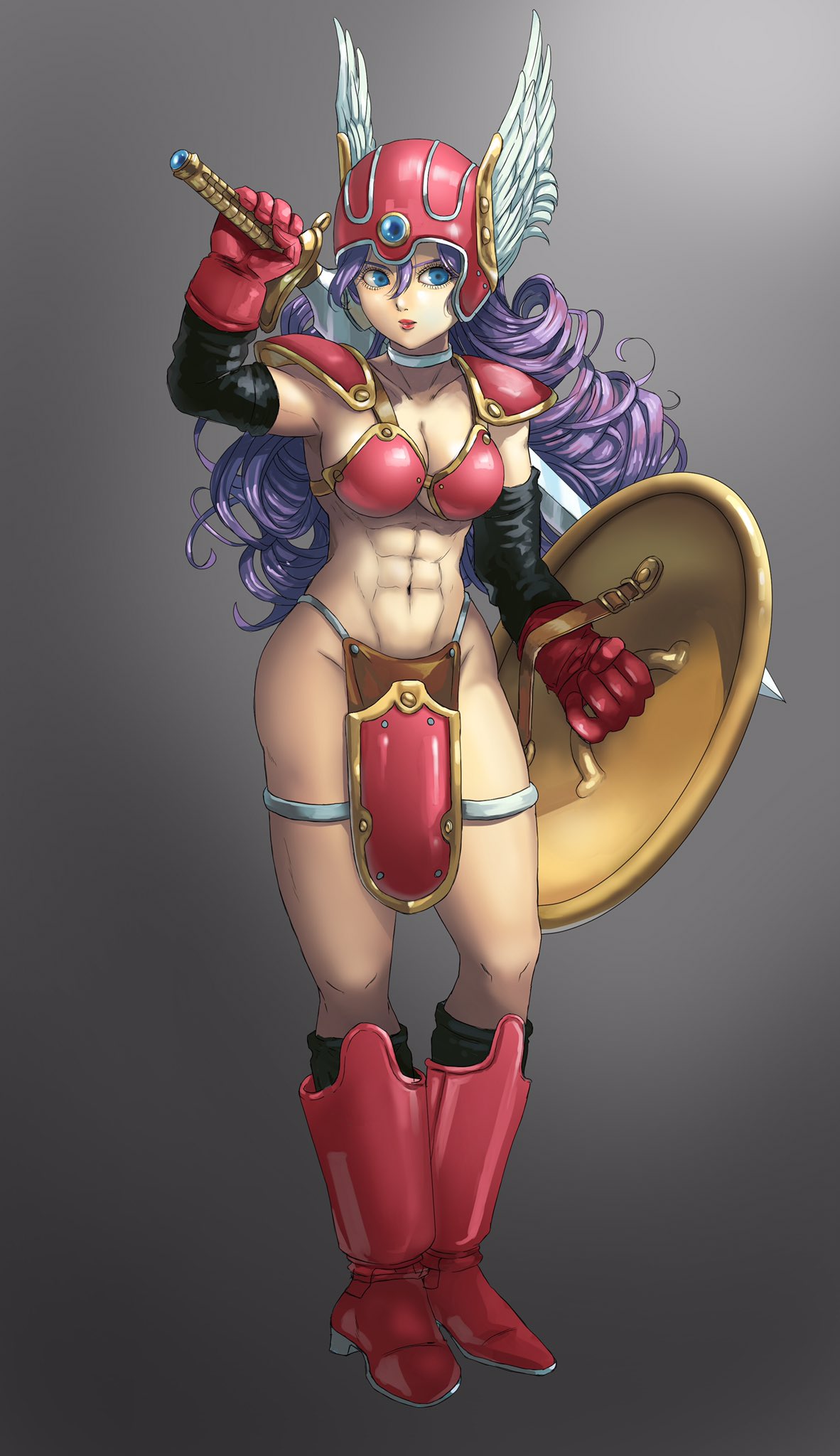 1girl abs armor bikini bikini_armor bikini_top blue_eyes boots breasts choker closed_mouth curly_hair dragon_quest dragon_quest_iii elbow_gloves full_body gloves gradient gradient_background helmet highleg highres holding holding_sword holding_weapon large_breasts leg_garter long_hair looking_to_the_side navel pauldrons purple_hair red_armor red_footwear shield shoulder_armor soldier_(dq3) solo swimsuit sword sword_behind_back warrior weapon winged_helmet yugawara_tarou