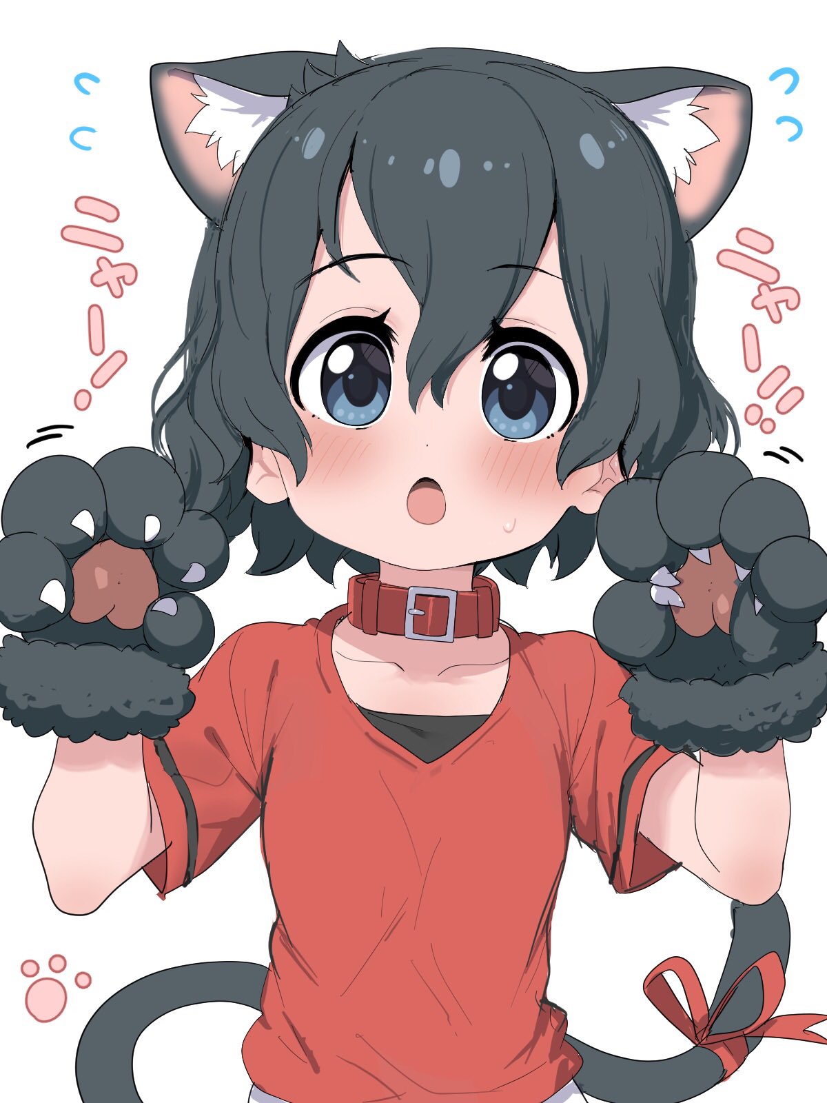 1girl alternate_costume animal_ears black_hair blue_eyes blush bow cat_ears cat_girl cat_tail claw_pose collar commentary_request extra_ears eyebrows_visible_through_hair flying_sweatdrops gloves highres kaban_(kemono_friends) kemono_friends kemonomimi_mode no_hat no_headwear paw_gloves paws ransusan red_bow red_collar red_shirt shirt short_hair short_sleeves solo t-shirt tail tail_bow tail_ornament translation_request upper_body