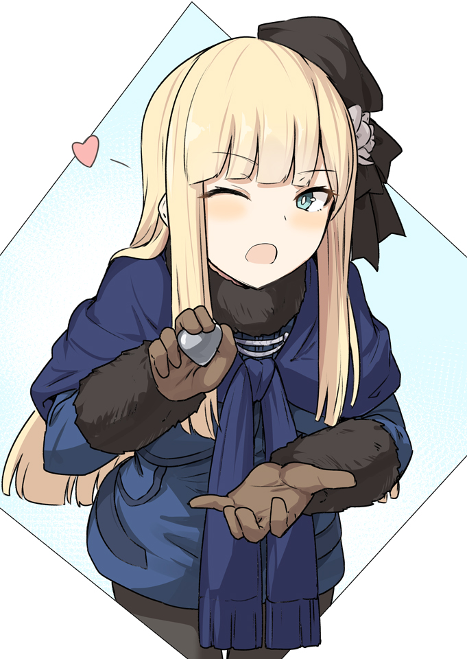 1girl ;o bangs beret black_headwear black_legwear blonde_hair blue_eyes blue_jacket blush brown_gloves eyebrows_visible_through_hair fate_(series) flower food fur_collar fur_trim gloves green_eyes hair_flower hair_ornament hands_up hat heart holding jacket long_hair long_sleeves looking_at_viewer lord_el-melloi_ii_case_files one_eye_closed open_mouth pantyhose reines_el-melloi_archisorte shiseki_hirame smile solo tilted_headwear white_flower