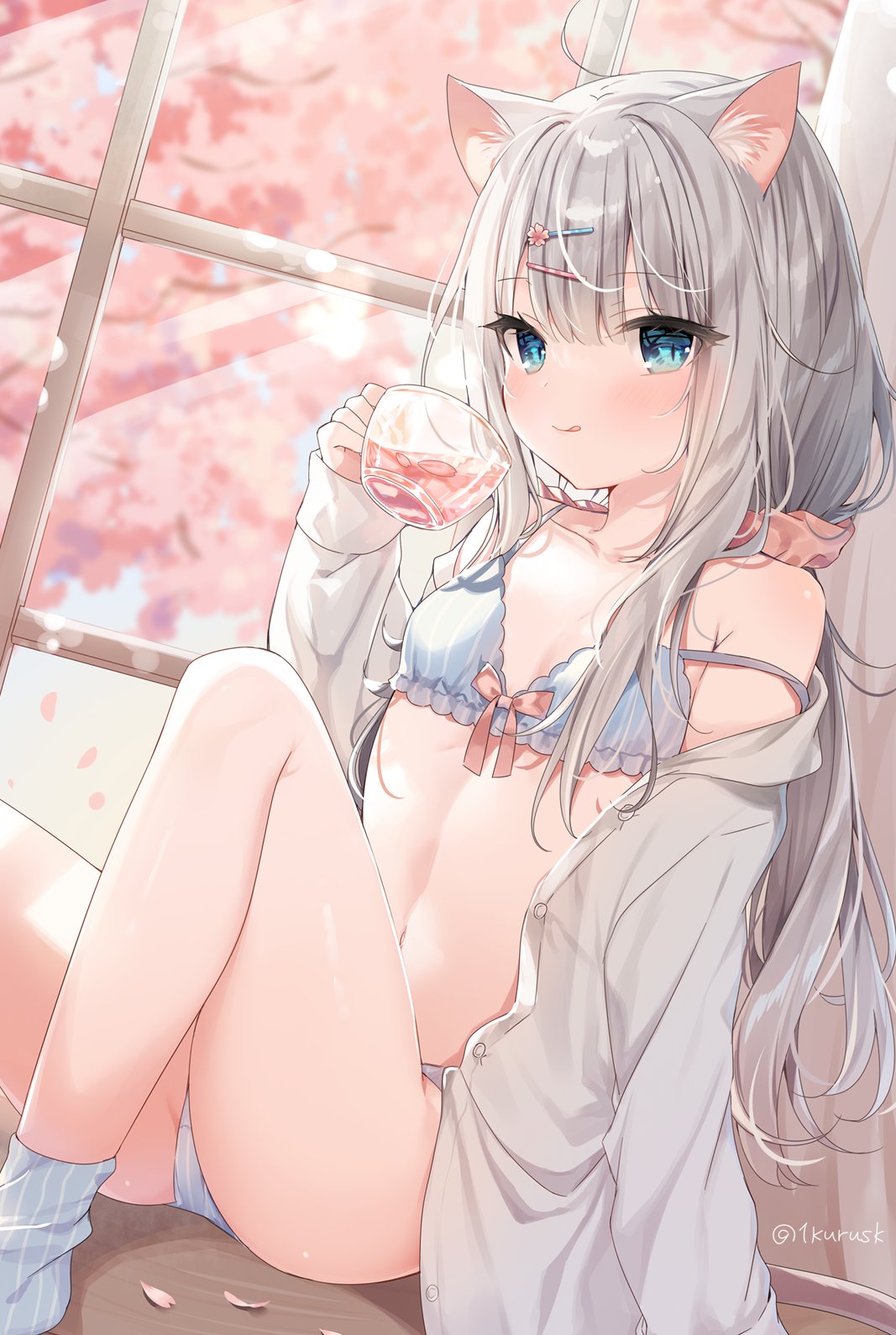 1girl :q blue_bra blue_eyes blue_legwear blue_panties blush bow bow_bra bra breasts closed_mouth collared_shirt commentary cup dress_shirt feet_out_of_frame grey_hair hair_ornament hairclip hand_up highres holding holding_cup indoors knee_up long_hair long_sleeves looking_at_viewer mafuyu_(chibi21) no_shoes off_shoulder open_clothes open_shirt original panties petals shirt sitting sleeves_past_wrists small_breasts smile socks solo strap_slip striped striped_legwear symbol_commentary tongue tongue_out transparent underwear vertical-striped_bra vertical-striped_legwear vertical-striped_panties vertical_stripes very_long_hair white_shirt window