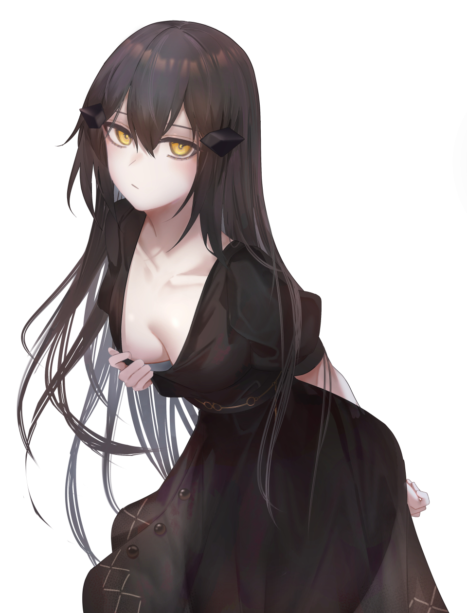 1girl arm_behind_back black_dress black_hair breasts closed_mouth collarbone dandelion_(girls_frontline) dress girls_frontline hair_between_eyes highres leaning_forward long_hair looking_at_viewer medium_breasts ru_zhai short_sleeves simple_background solo white_background yellow_eyes