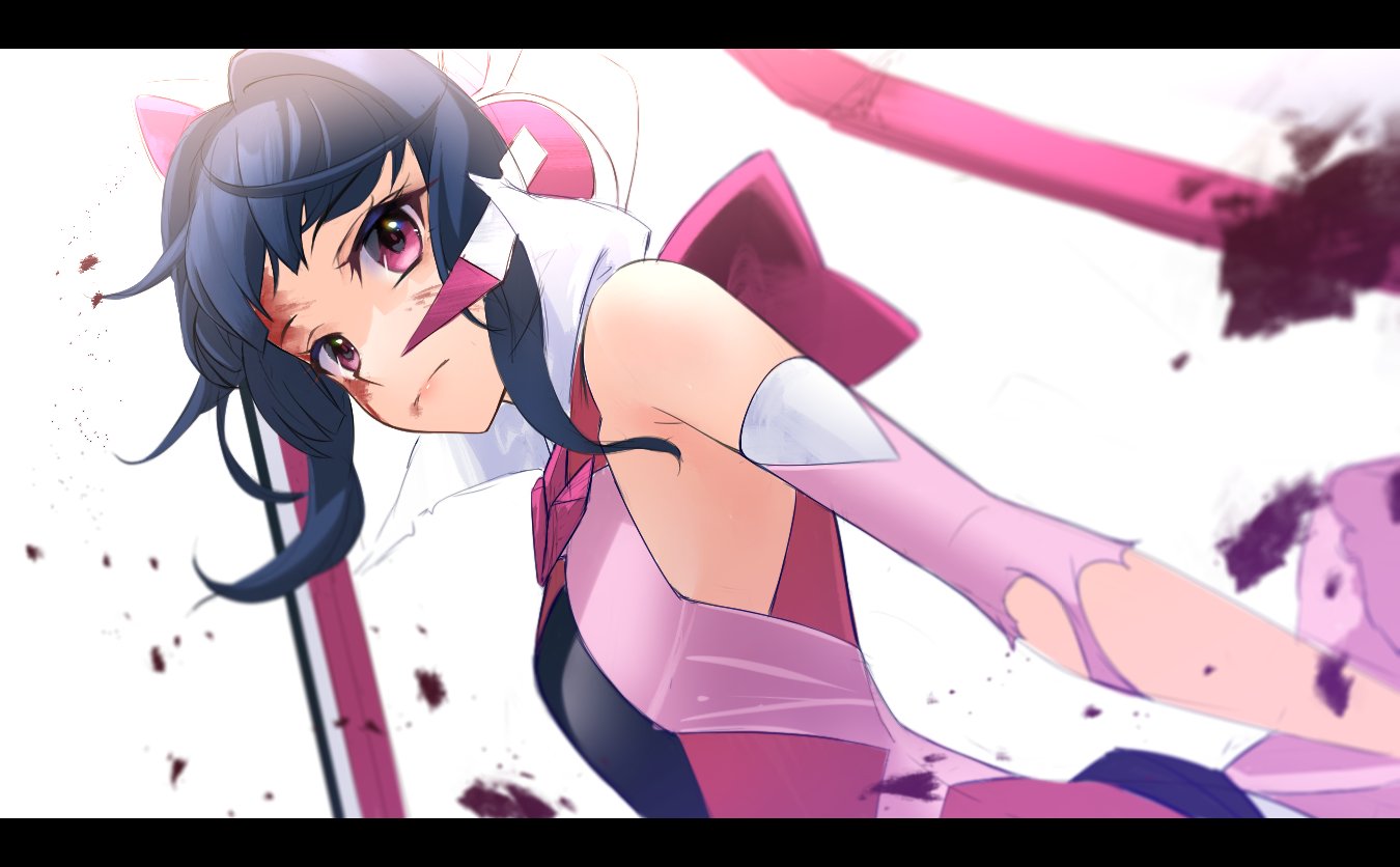 1girl black_border black_hair border bruise bruise_on_face closed_mouth detached_sleeves flat_chest frown hair_intakes headphones headset injury letterboxed nyanmaru pink_sleeves red_eyes senki_zesshou_symphogear shiny shiny_hair short_hair_with_long_locks sidelocks solo torn_clothes torn_sleeves tsukuyomi_shirabe upper_body white_background