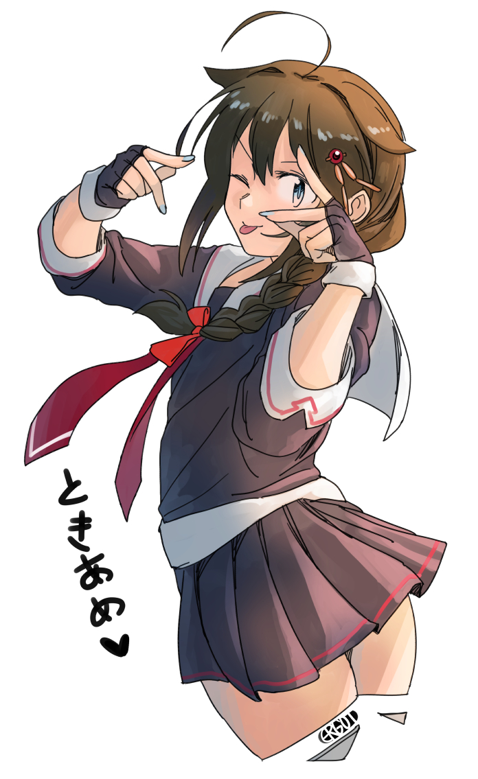 1girl adapted_costume ahoge alternate_sleeve_length artist_name black_serafuku black_skirt blue_eyes braid brown_hair commentary_request cropped_jacket ergot hair_flaps hair_ornament hair_over_shoulder hat kantai_collection looking_at_viewer nail_polish neckerchief one_eye_closed pleated_skirt red_neckwear remodel_(kantai_collection) sailor_collar santa_hat school_uniform serafuku shigure_(kancolle) simple_background single_braid skirt solo tongue tongue_out v_over_eye white_background white_sailor_collar