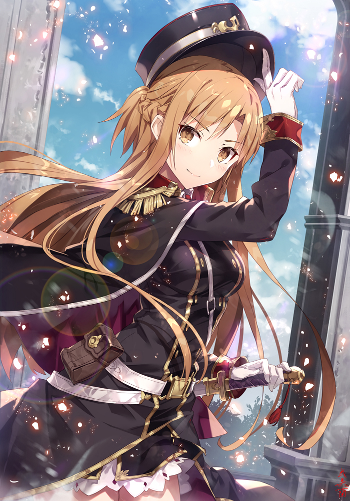 1girl asuna_(sao) bag bangs black_cape black_headwear black_jacket blush braid breasts brown_eyes brown_hair buttons cape commentary_request cowboy_shot day double-breasted duplicate gabiran gloves hat holding jacket long_hair long_sleeves looking_at_viewer medium_breasts military military_uniform outdoors peaked_cap red_cape shiny smile solo sword sword_art_online two-sided_cape two-sided_fabric uniform weapon white_gloves