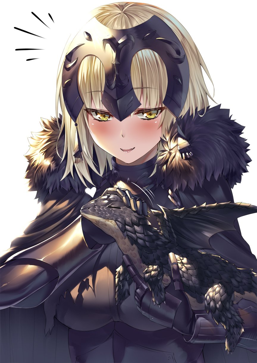 1girl armor armored_dress black_dress blonde_hair blush breasts dragon dress eyebrows_visible_through_hair fate/grand_order fate_(series) heirou highres jeanne_d'arc_(alter)_(fate) jeanne_d'arc_(fate)_(all) motion_lines short_hair simple_background smile yellow_eyes