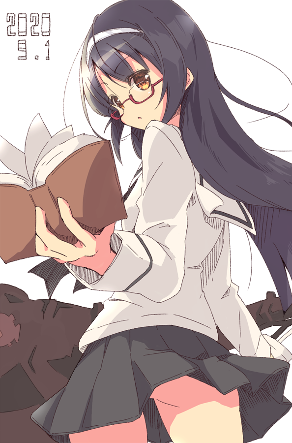 1girl anglerfish bangs bespectacled black_hair black_neckwear black_skirt blouse book brown_eyes commentary cowboy_shot dated emblem eyebrows_visible_through_hair from_behind girls_und_panzer glasses hairband holding holding_book long_hair long_sleeves looking_at_viewer looking_back miniskirt neckerchief ooarai_school_uniform parted_lips pleated_skirt red-framed_eyewear reizei_mako sailor_collar school_uniform semi-rimless_eyewear serafuku skirt skirt_lift solo standing tom_q_(tomtoq) under-rim_eyewear white_background white_blouse white_hairband white_sailor_collar wind wind_lift