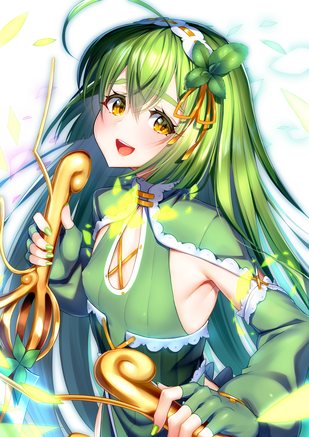 1girl :d ahoge armpits blush dual_wielding elbow_gloves fingerless_gloves fingernails flat_chest flower_knight_girl gloves green_gloves green_hair green_nails green_theme hair_ornament hairband head_tilt highres holding leaf_lsd long_hair looking_at_viewer mint_(flower_knight_girl) nail_polish object_namesake open_mouth reverse_grip simple_background smile solo thick_eyebrows upper_body white_background white_hairband yellow_eyes