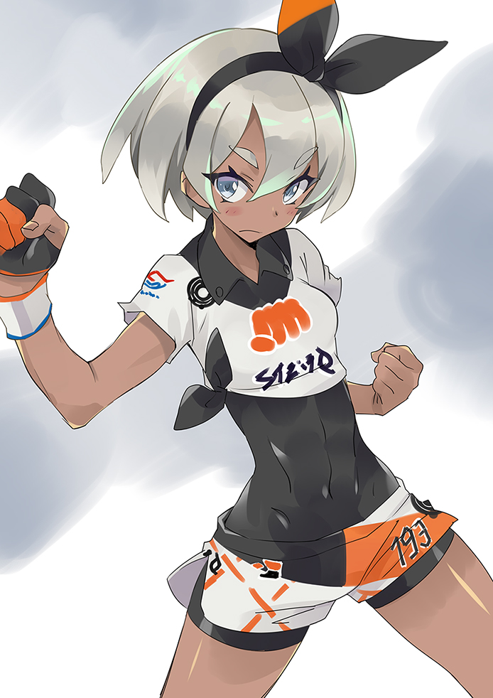 1girl bea_(pokemon) black_bodysuit black_hairband blue_eyes bodysuit bodysuit_under_clothes bow_hairband breasts closed_mouth dark_skin grey_hair hairband muscular muscular_female pokemon pokemon_(game) pokemon_swsh simple_background small_breasts solo thick_eyebrows usatsuka_eiji