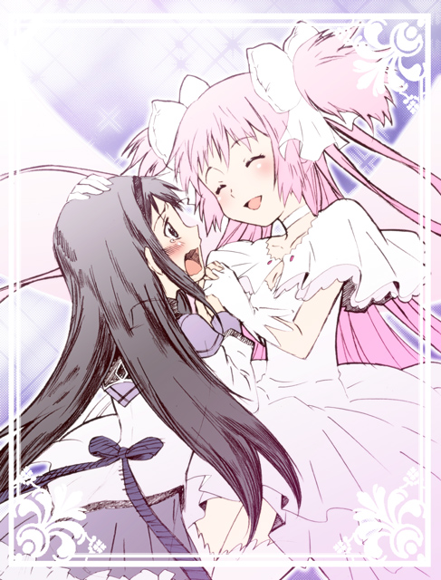 2girls akemi_homura black_hair capelet choker closed_eyes collarbone crying crying_with_eyes_open dress eyebrows_visible_through_hair facing_viewer furrowed_eyebrows gloves goddess_madoka grey_capelet hair_ribbon hairband halftone halftone_background hand_on_another's_head happy hikari_(mitsu_honey) holding_hands interlocked_fingers kaname_madoka layered_dress legs_together light_blush long_hair long_sleeves looking_at_another mahou_shoujo_madoka_magica multiple_girls pink_hair purple_background purple_skirt ribbon sad skirt smile sparkle sparkle_background tears thigh-highs two_side_up very_long_hair wavy_mouth white_choker white_dress white_gloves white_legwear white_ribbon wide_sleeves wings zettai_ryouiki