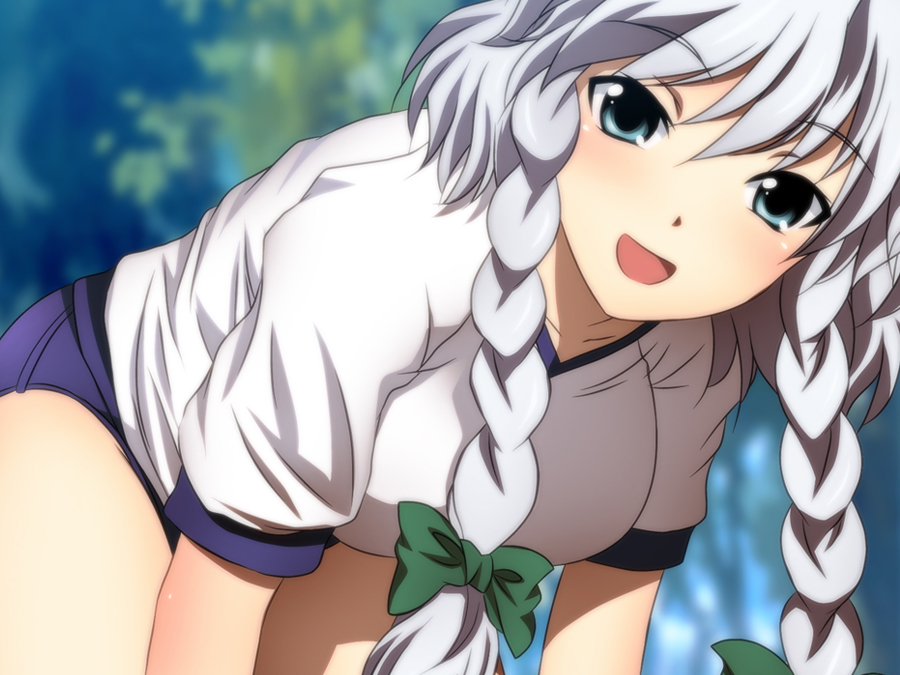 1girl :d alternate_costume bare_legs bent_over blue_buruma blue_eyes blurry blurry_background blush bow braid breasts buruma commentary cowboy_shot day eyebrows_visible_through_hair green_bow gym_uniform hair_between_eyes hair_ribbon izayoi_sakuya leaning_forward looking_at_viewer medium_breasts medium_hair open_mouth outdoors ribbon shirt short_sleeves side_braids silver_hair smile solo touhou tree tress_ribbon twin_braids white_shirt yadokari_genpachirou