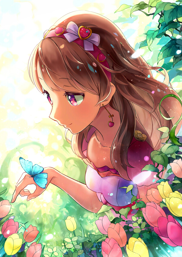 1girl aikatsu! aikatsu!_(series) blue_butterfly blurry blurry_background bow brown_hair bug butterfly butterfly_on_hand commentary depth_of_field dress earrings face flower from_side hair_bow hair_ornament hairband heart heart_earrings heart_hair_ornament idol insect itouchaba ivy jewelry light_particles multicolored multicolored_clothes multicolored_dress oozora_akari pink_hairband plant puffy_short_sleeves puffy_sleeves purple_bow short_sleeves smile solo tulip upper_body violet_eyes
