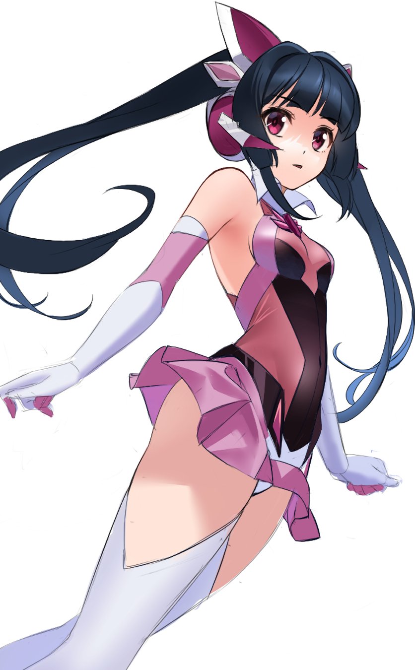 1girl black_hair breasts covered_navel elbow_gloves floating_hair gloves hair_intakes headphones headset highres leotard long_hair miniskirt nyanmaru open_mouth pink_skirt pleated_skirt red_eyes senki_zesshou_symphogear shiny shiny_hair sideboob simple_background skirt small_breasts solo thigh-highs tsukuyomi_shirabe twintails very_long_hair white_background white_legwear