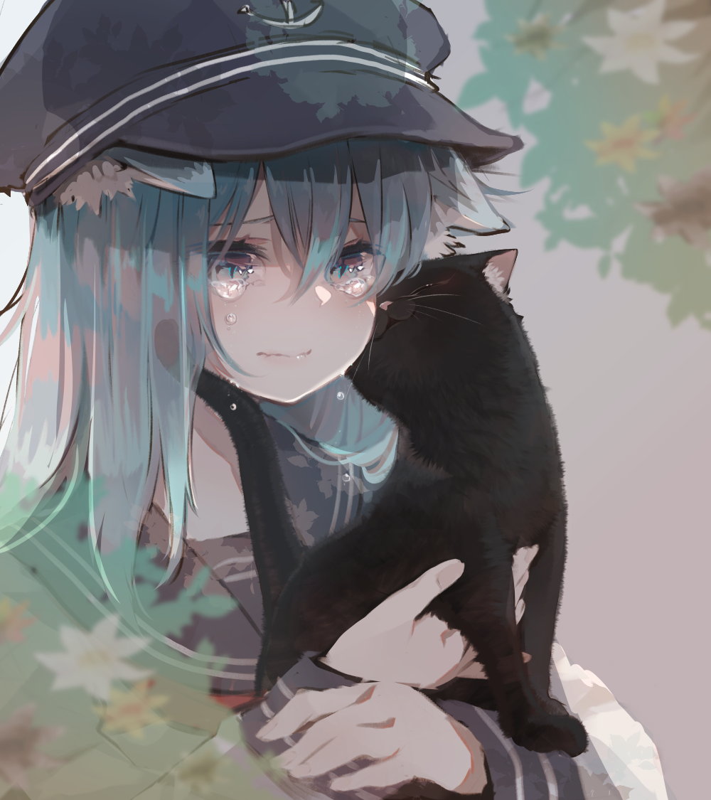 1girl anchor_symbol animal animal_ears black_cat blue_eyes blue_headwear blush cat cat_ears cat_girl closed_mouth commentary_request crying crying_with_eyes_open eyebrows_visible_through_hair flat_cap flower hair_between_eyes hat hibiki_(kancolle) holding holding_animal kantai_collection long_hair long_sleeves looking_at_viewer neckerchief red_neckwear ruohire9 school_uniform serafuku shirt silver_hair tears white_shirt yellow_flower