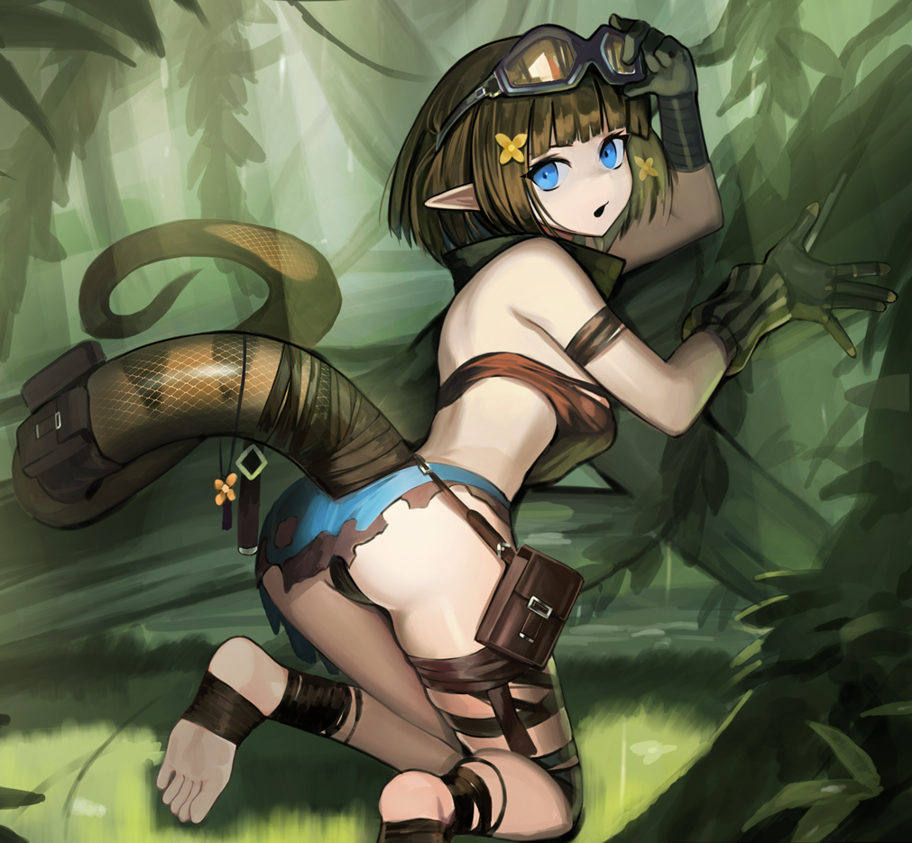 1girl arknights ass back bandeau bangs bare_shoulders barefoot black_panties blue_eyes brown_hair eunectes_(arknights) feet flower forest gloves goggles goggles_on_head hair_flower hair_ornament hime_cut holding holding_goggles kneeling leaf mamushi nature open_mouth panties plant skindentation snake_tail soles solo tail thigh_strap thighs toes torn_clothes underwear underwear_only
