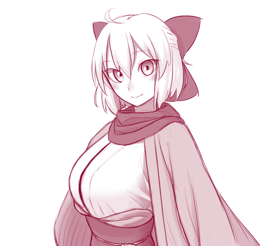 1girl ahoge bow breasts closed_mouth fate_(series) gishu hair_bow haori japanese_clothes kimono koha-ace large_breasts looking_at_viewer medium_hair monochrome obi okita_souji_(fate) okita_souji_(fate)_(all) pink_theme sash scarf simple_background smile solo upper_body white_background