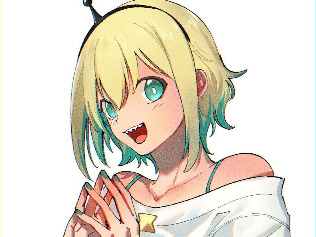 1girl amano_pikamee black_headband blonde_hair bra_strap collarbone from_side gradient_hair green_hair green_nails hair_behind_ear headband kiko_(kikobooom) looking_at_viewer multicolored_hair off-shoulder_sweater off_shoulder open_mouth sharp_teeth short_hair smile solo sweater teeth upper_body virtual_youtuber voms white_sweater