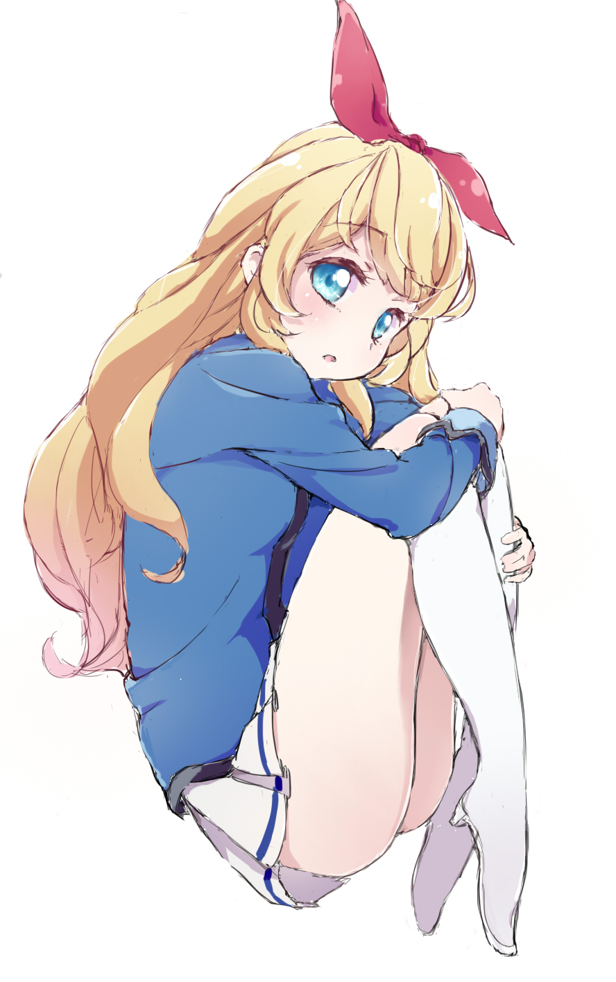 1girl :o aikatsu! aikatsu!_(series) alternate_eye_color blonde_hair blue_eyes blue_jacket blue_skirt blush boots bow commentary eyebrows_visible_through_hair fetal_position from_side full_body hair_bow high_heel_boots high_heels highres hoshimiya_ichigo itouchaba jacket knee_boots knees_on_chest leg_hug long_hair long_sleeves looking_at_viewer open_mouth pleated_skirt red_bow school_uniform sideways_glance simple_background single_stripe skirt solo starlight_academy_uniform white_background white_skirt