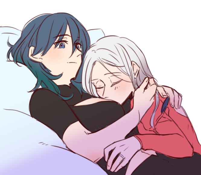 2girls bangs black_shirt blue_eyes blue_hair blush breasts byleth_(fire_emblem) byleth_eisner_(female) closed_mouth collar commentary_request edelgard_von_hresvelg eyebrows_visible_through_hair eyes_visible_through_hair fire_emblem fire_emblem:_three_houses from_side hair_between_eyes hug jewelry long_hair long_sleeves lying lying_on_person multiple_girls on_back parted_bangs red_shirt ring riromomo shirt short_sleeves simple_background sleeping smile white_background white_hair yuri