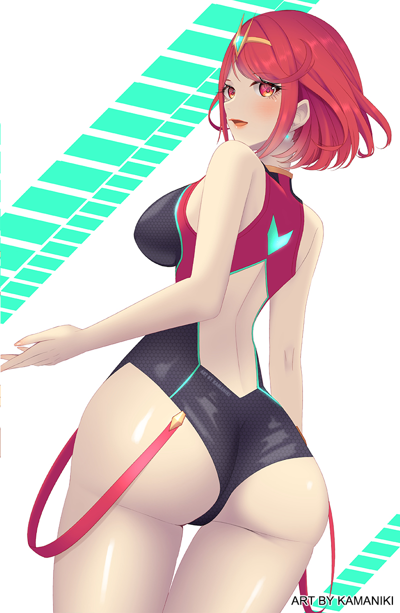 1girl artist_name ass black_swimsuit breasts eyelashes highres kamaniki lipstick looking_back makeup pyra_(xenoblade) red_eyes redhead swimsuit thighs wide_hips xenoblade_chronicles_(series) xenoblade_chronicles_2