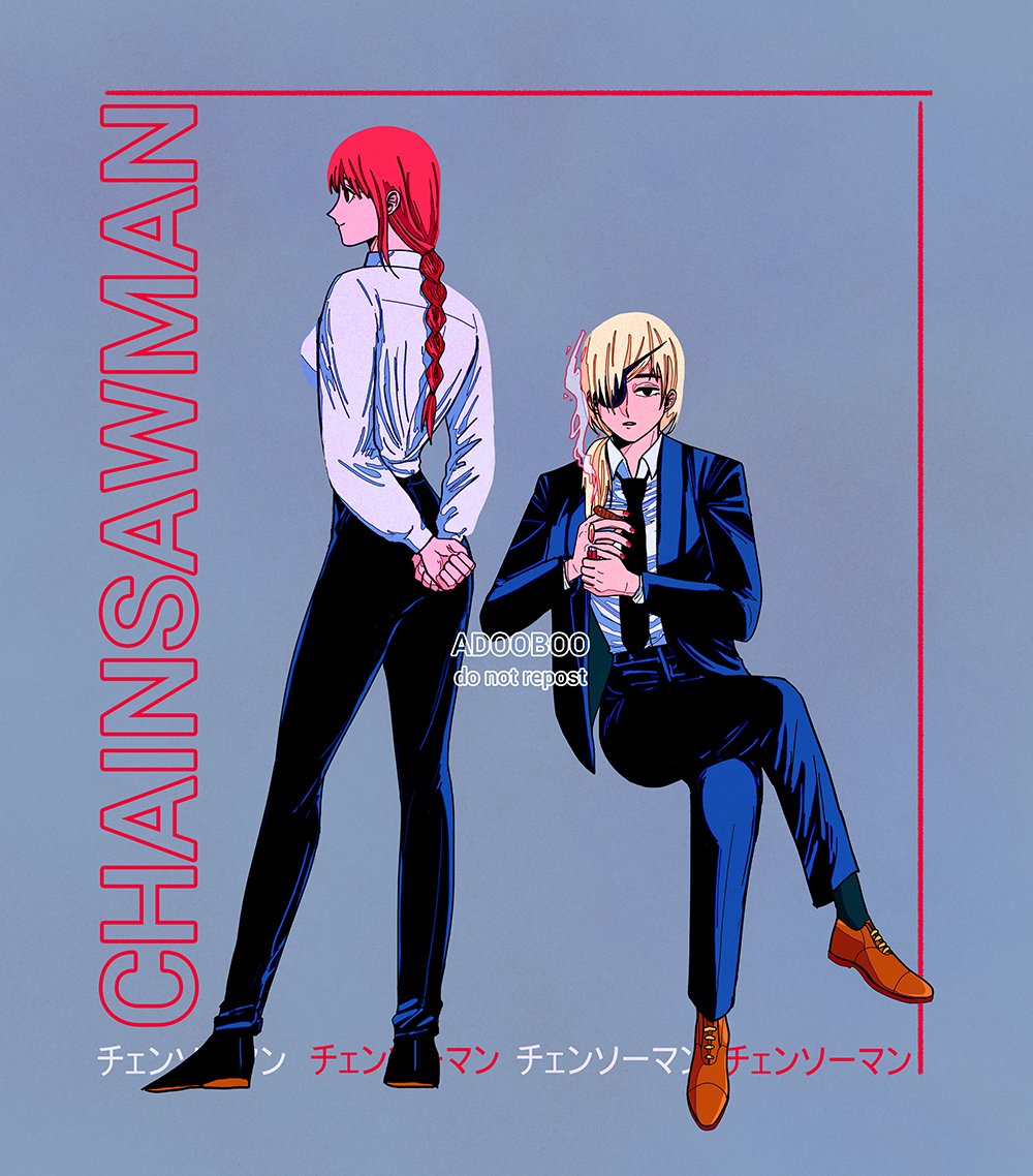 2girls arms_behind_back bangs black_eyepatch black_pants black_suit blue_background braid braided_ponytail breasts brown_hair business_suit chainsaw_man cigarette crossed_legs expressionless formal holding holding_cigarette light_smile long_hair long_sleeves looking_at_viewer looking_to_the_side makima_(chainsaw_man) medium_breasts multiple_girls nail_polish pants ponytail quanxi_(chainsaw_man) red_nails ringed_eyes shirt silver_hair smile smoke suit white_shirt yellow_eyes