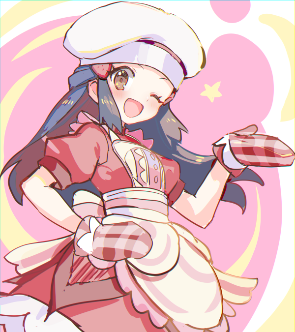 1girl ;d apron blush brown_eyes chef_hat hikari_(pokemon) dress eyelashes frills hair_ornament hairclip hand_on_hip hand_up hat long_hair looking_at_viewer one_eye_closed open_mouth oven_mitts pokemon pokemon_(game) pokemon_masters_ex red_dress red_mittens short_sleeves sidelocks sketch smile solo star_(symbol) symbol_commentary tongue tpi_ri