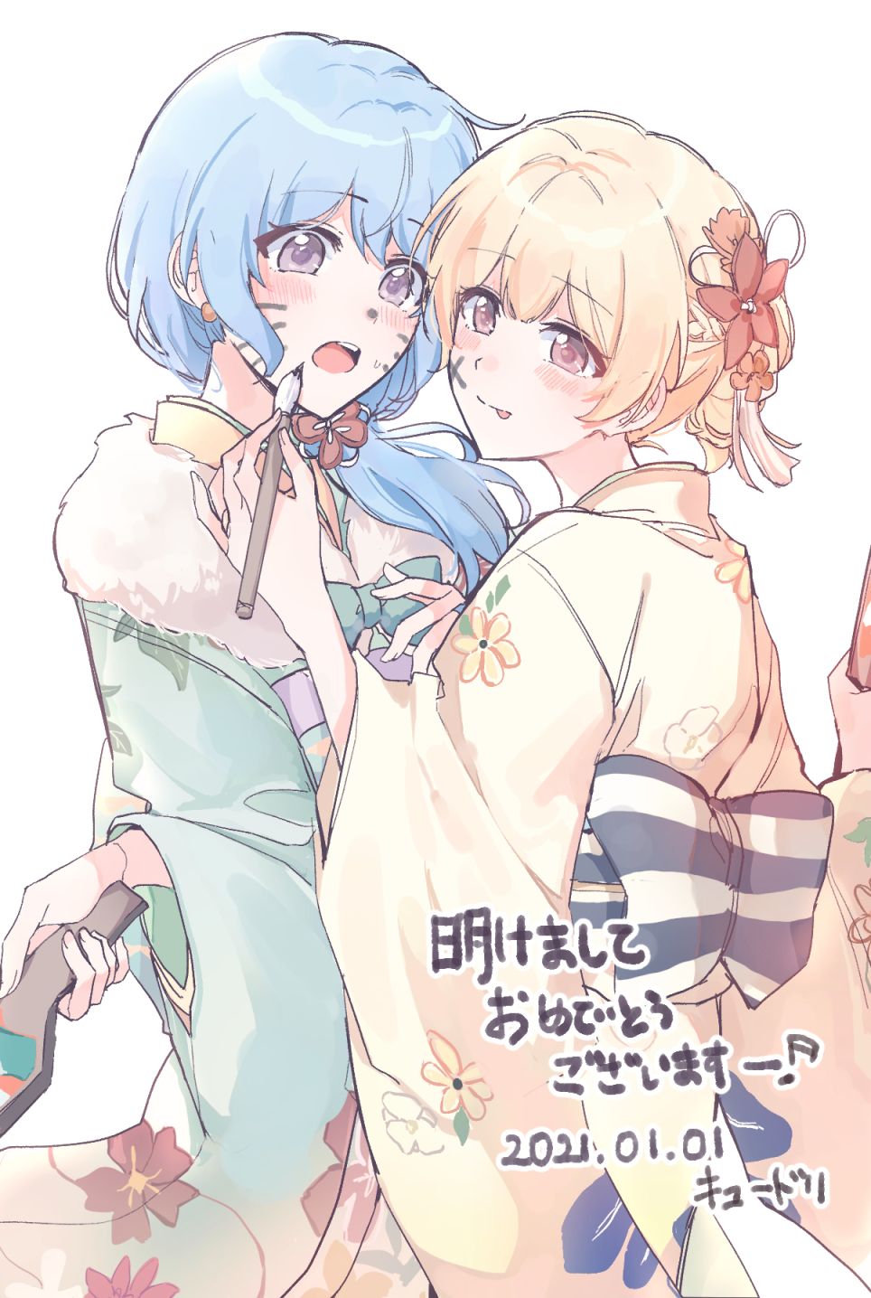 2girls bang_dream! bangs blonde_hair brush eyebrows_visible_through_hair floral_print fur_collar happy_new_year highres japanese_clothes kimono kyudoli light_blue_hair long_hair matsubara_kanon multiple_girls new_year open_mouth shirasagi_chisato tongue tongue_out violet_eyes white_background