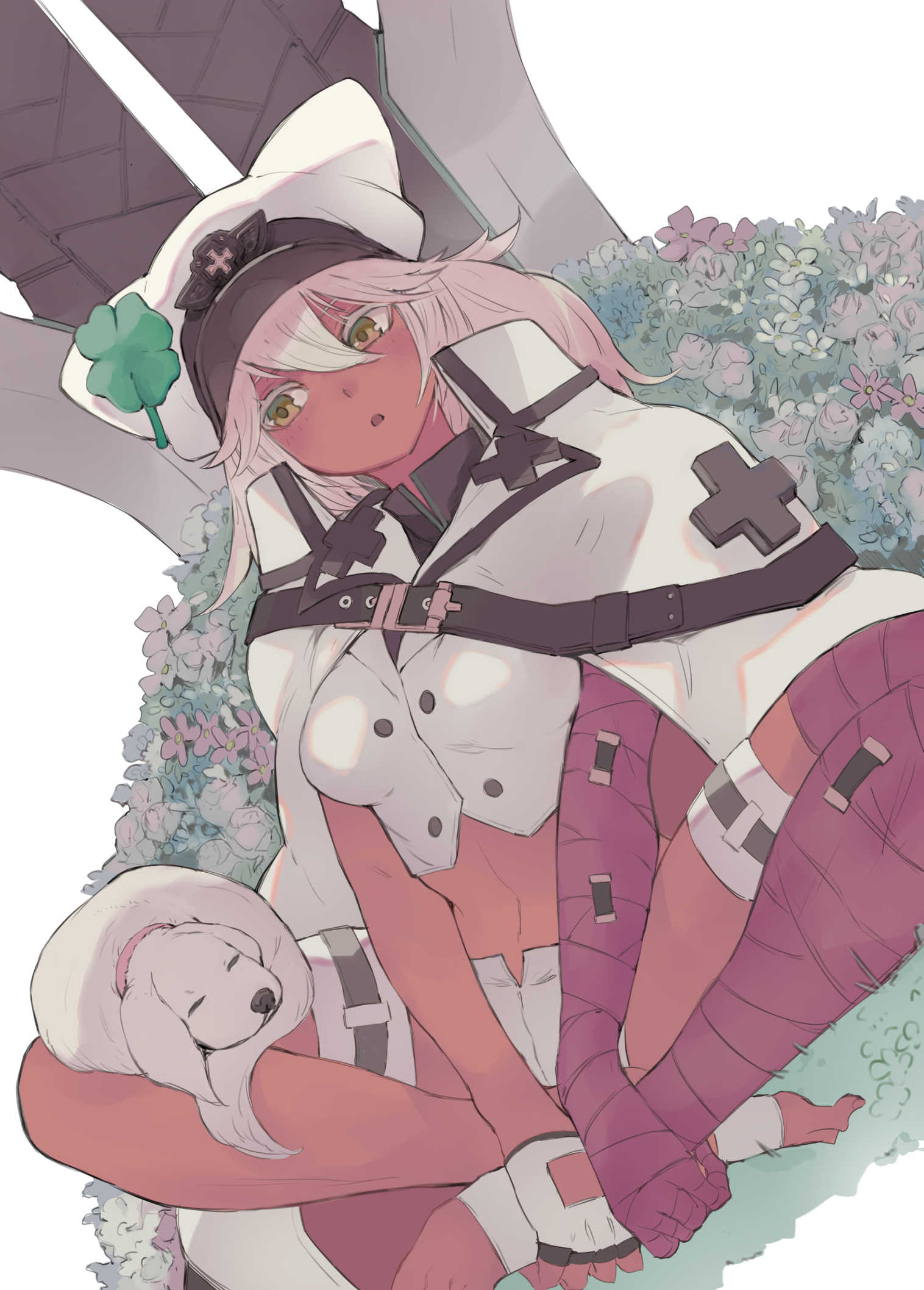 1girl :o animal bana_(stand_flower) bandaged_arm bandaged_leg bandages cape clover commentary_request dark_skin dark-skinned_female dog fingerless_gloves flower four-leaf_clover gloves grass guilty_gear guilty_gear_strive hair_between_eyes hat highres indian_style long_hair looking_to_the_side midriff navel orange_eyes outdoors ramlethal_valentine single_glove sitting solo toes white_cape white_gloves white_hair white_headwear