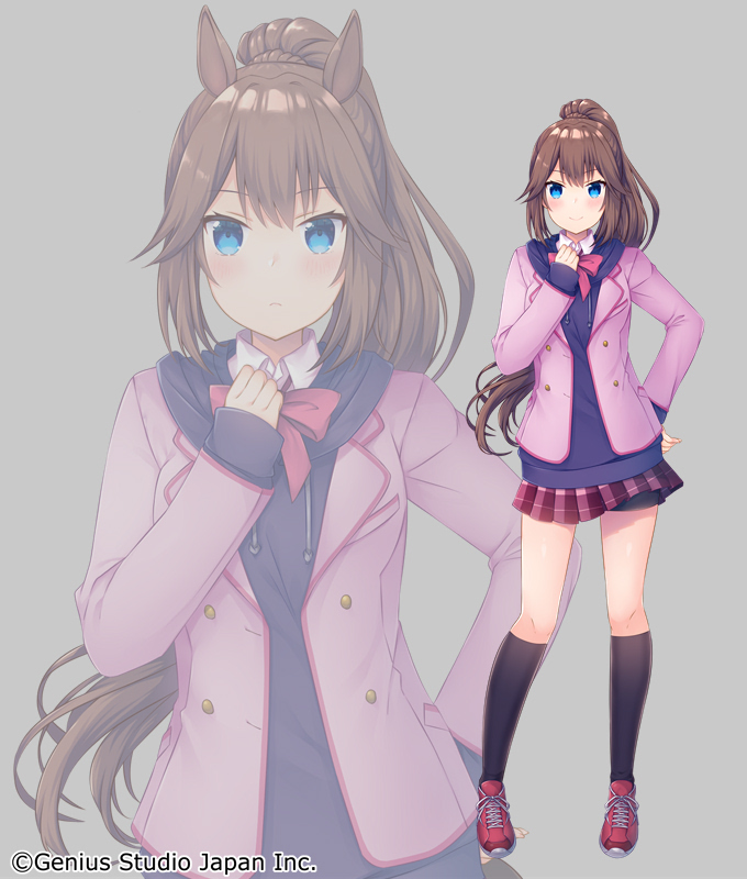 1girl animal_ears azu_torako banned_artist black_legwear blazer blue_hoodie bow brown_hair collared_shirt grey_background hand_up hood hood_down hoodie horse_ears jacket kneehighs long_hair long_sleeves multiple_views official_art open_clothes open_jacket original pink_jacket pink_skirt plaid plaid_skirt pleated_skirt ponytail red_bow red_footwear school_uniform shirt shoes simple_background skirt sleeves_past_wrists very_long_hair white_shirt zoom_layer