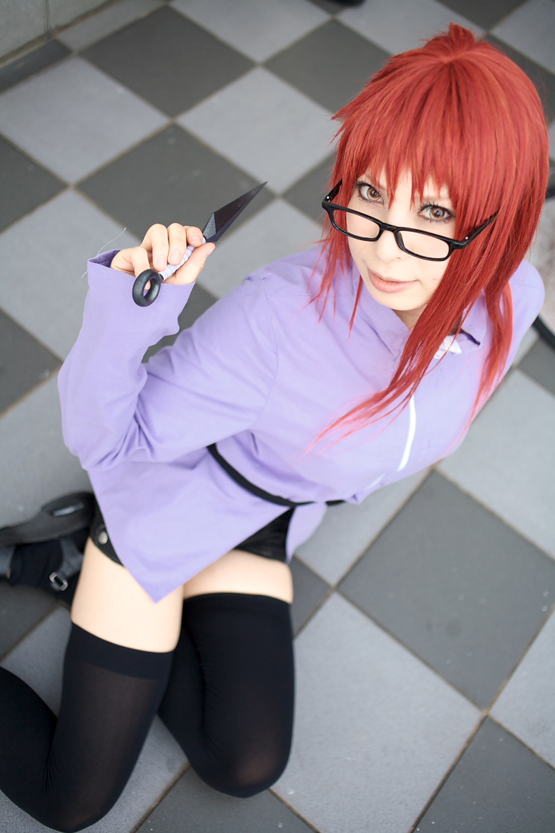 ari_(model) belt cosplay glasses karin_(naruto) knife midriff naruto photo redhead thigh-highs